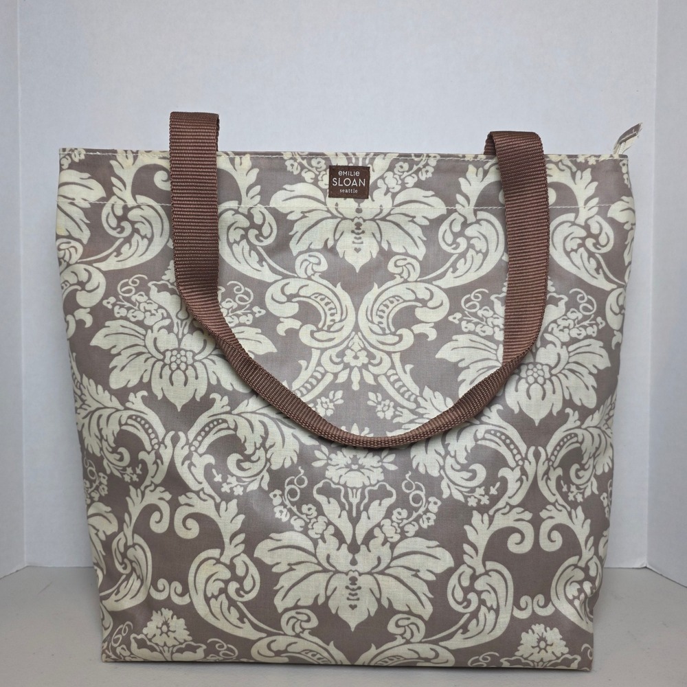 Emilie Sloan Seattle Tote Bag Taupe Cream Damask Floral‎ PVC Zipper Shoulder Bag